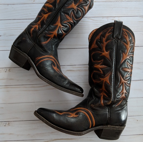 Texas Leather Manufacturing Other - Vintage Texas Tooled Black And Brown Cowboy Boots
